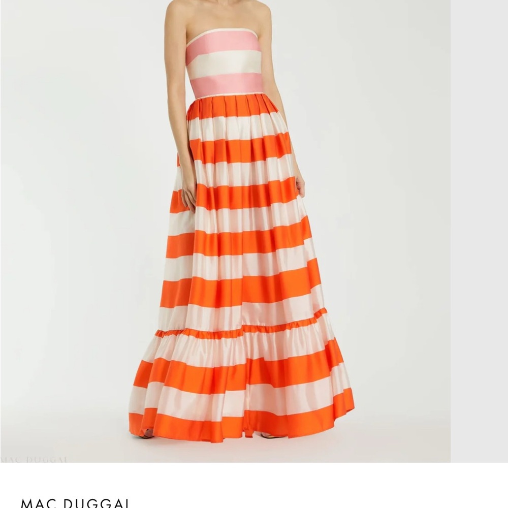 Mac Duggal Strapless Gown in Orange and Pink Stripes - sold out in stores